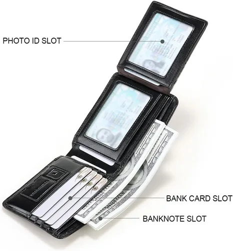 Vista 71 de Billetera de piel triple con bloqueo RFID para hombre con 2 ventanas de identificación, 2 compartimentos para efectivo, 6-8 ranuras para tarjetas