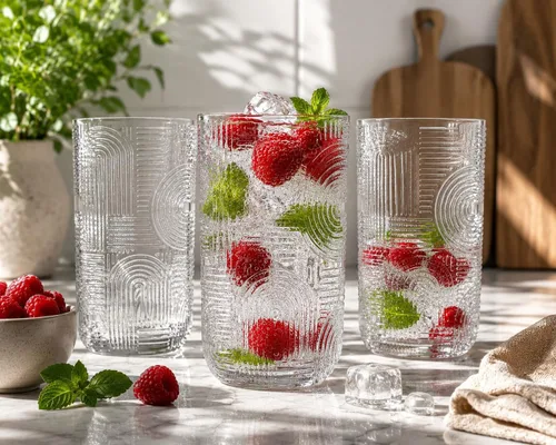 Vista 6 de Glaver's Vasos para beber, 8 vasos altos, 17 onzas de grosor con diseño en relieve, juego de 8 vasos de cocina transparentes para refrigeradores