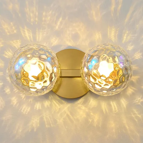 Vista 15 de Aplique de pared moderno de globo de vidrio: Luz de apliques esféricos dorados - Accesorio de luces de bola individual de latón pequeño para tocador