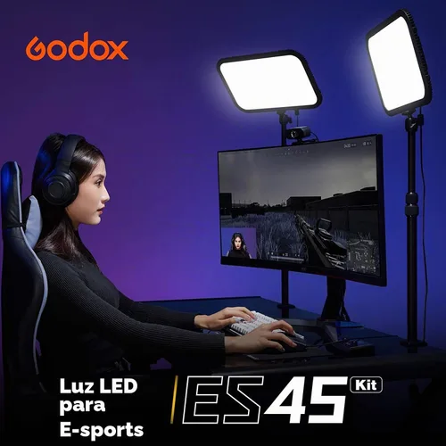 Vista 2 de Godox ES45 Luz Clave, luz de vídeo LED con soporte de escritorio extensible, ajuste de brillo del 0-100% y temperatura de color de 2800-6500k