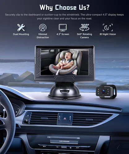 Vista 2 de Cámara de coche de bebé para asiento trasero HD con visión nocturna, ángulo de visión ajustable, fácil instalación, cámara giratoria de 360°
