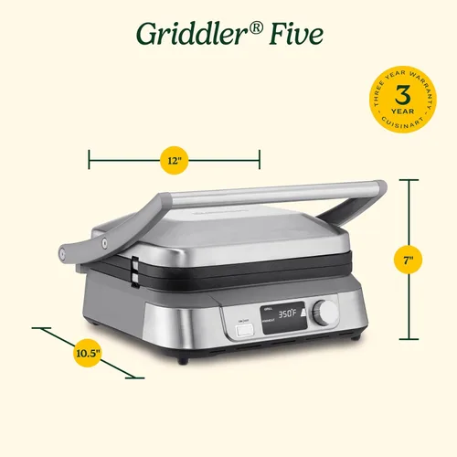 Vista 10 de Cuisinart GR-5BP1 Electric Griddler FIVE - Plancha eléctrica 5 en 1, con pantalla LCD, amplio rango de temperatura y función de sellado, acero