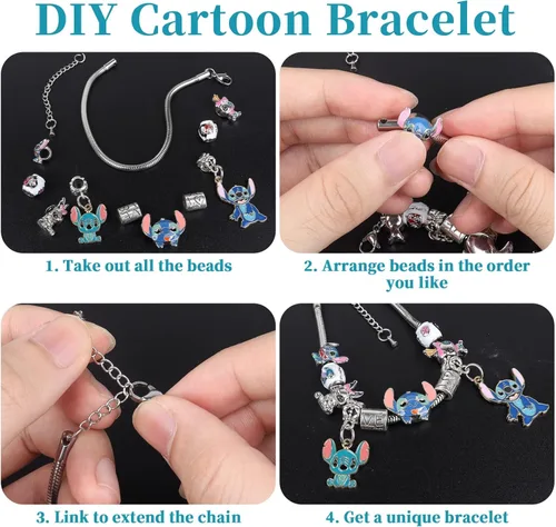 Vista 6 de HTPARY Stitch Bracelet Charm Bracelets DIY Cartoon Jewellery, Zinc Alloy Stitch Gift for Girls Daughter Women