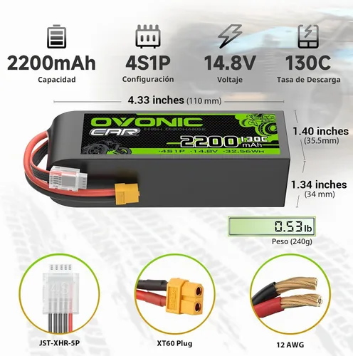 Vista 2 de OVONIC 4S LiPo Batería 2200mAh 14.8V 130C RC Batería con XT60 Conector