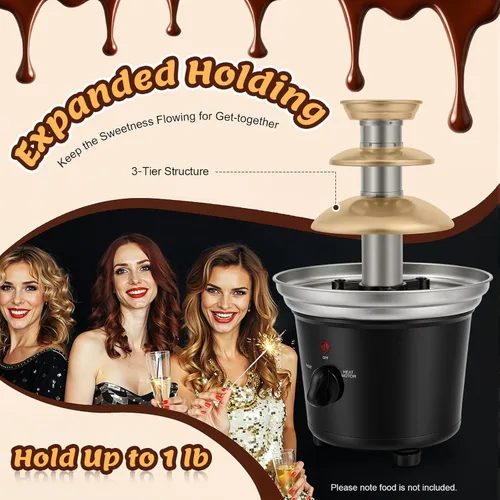 Vista 5 de Fuente de chocolate, fuente de fiesta de acero inoxidable de 3 niveles con bandeja de alimentos y tenedor, máquina eléctrica de fuente de fondue