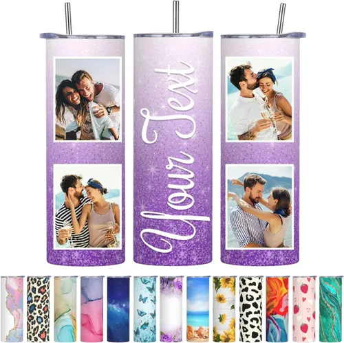 Vista 12 de Regalos personalizados para mujeres, vaso delgado personalizado con nombre, flor de nacimiento, vaso aislado personalizado con tapa y pajita, regalo