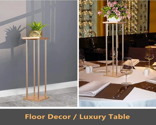 Vista 3 de 10 piezas de soporte de flores de boda soporte de metal para jarrón con platos, columna de metal dorado rectangular de 7.87 x 7.8 pulgadas, 7 x 23.6