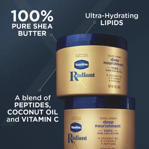 Vista 3 de Crema corporal Vaseline Radiant X Nutrición profunda con manteca de karité 100% pura, aceite de coco, vitamina C y péptidos 10 oz