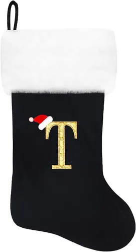 Vista 62 de Calcetines de Navidad bordados de 20 pulgadas con monograma, terciopelo negro con puño de felpa blanca supersuave, adornos clásicos para decoración