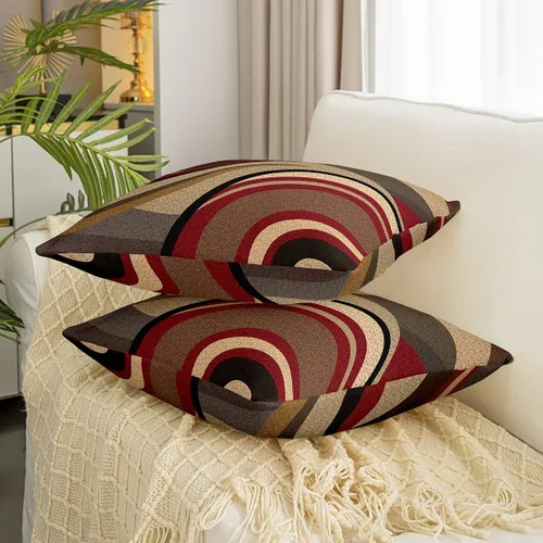 Vista 3 de Paquete de 4 fundas de almohada para exteriores, color rojo burdeos, juego de fundas de cojín geométricas cuadradas de color marrón y gris