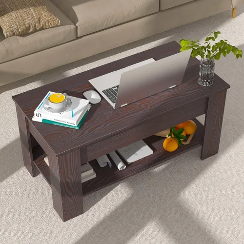 Vista 10 de Mesa de centro elevable con almacenamiento para sala de estar, mesa consola de madera rústica, mesa de té central de escritorio oculta para muebles