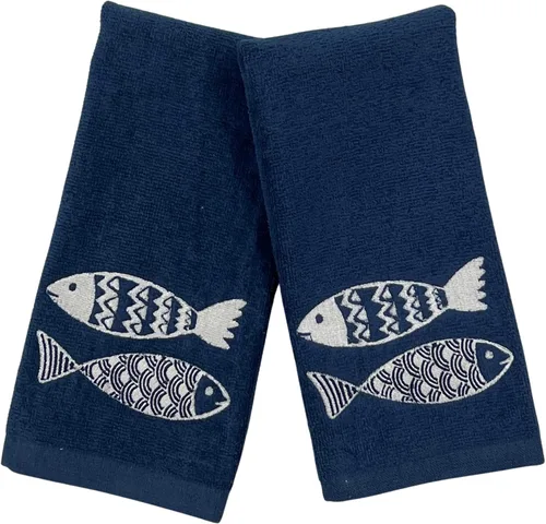 Vista 13 de Serafina Home Toallas de baño suaves y absorbentes para huéspedes: ancla azul náutica con diseño costero de cuerda gris plateada, 2 piezas de 12 "x