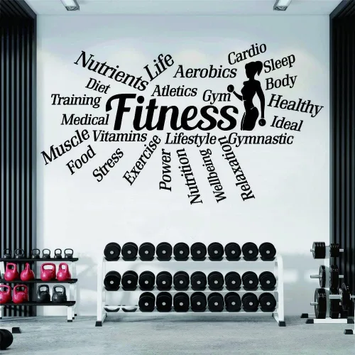 Vista 8 de Calcomanía de pared de fitness, 18 x 33 pulgadas, calcomanía motivacional de PVC con palabras como entrenamiento, alimentos, potencia, sueño