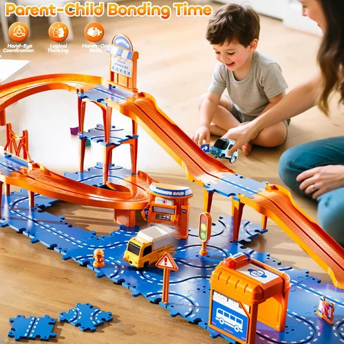Vista 3 de Puzzle Racer - Juego de pistas de autos para niños, pistas de carreras de 4 niveles para niños de 3 a 5 años con 3 autos, piezas de tráfico