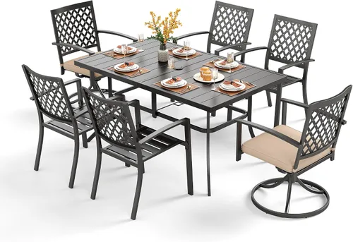 Vista 22 de PHI VILLA Juego de comedor al aire libre de 7 piezas para 6, mesa rectangular de metal negro de 60 pulgadas con agujero para sombrilla y sillas