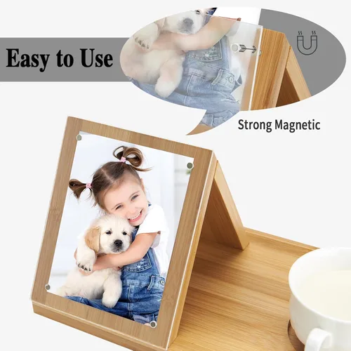 Vista 4 de Soporte para Libros de Bambú, Soporte Triangular para Libros con Marco de Imagen Acrílico, Descanso para Libros con Portavasos, Soporte para Tableta