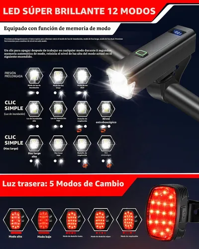 Vista 3 de DARKBEAM 6000LM - Faros delanteros de bicicleta USB C recargables, alto lumen súper brillante, juego de luces de bicicleta para conducción nocturna