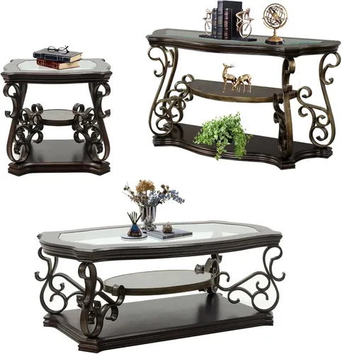 Vista 13 de Elegante mesa auxiliar retro, mesa de cóctel rectangular tradicional de 3 niveles con parte superior de vidrio templado, estante de mármol medio