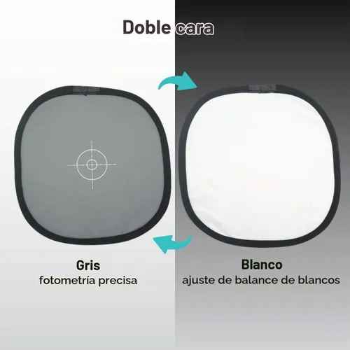 Vista 2 de Foto&Tech Tarjeta gris de doble cara del 18% y disco de balance de blancos, panel gris y blanco neutro con bolsa de nailon y brida para cables