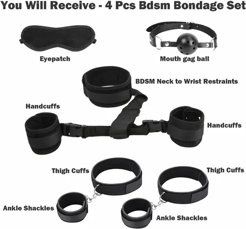 Vista 6 de Juego de 5 juguetes sexuales BDSM Bondage, esposas peludas, juego de puños de mano para adultos adultos para dormitorio, kit de sujeción de cama