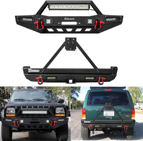 Vista 10 de Parachoques delantero para Cherokee XJ, AAIWA parachoques de acero con barra de luz LED y soporte de placa de cabrestante compatible con Cherokee XJ