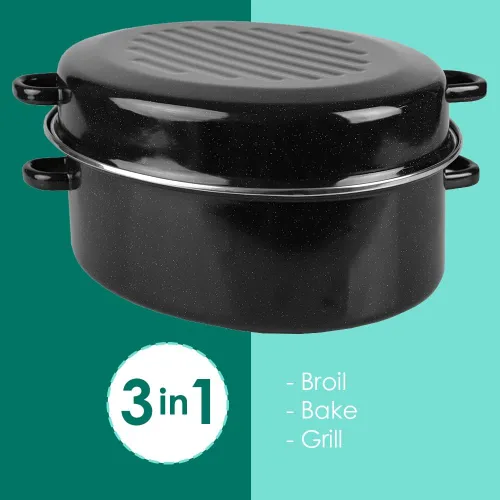 Vista 4 de Home Basics - Sartén esmaltada de 12 pulgadas con tapa abovedada, olla ovalada de acero al carbono con 4 asas, sartén antiadherente versátil