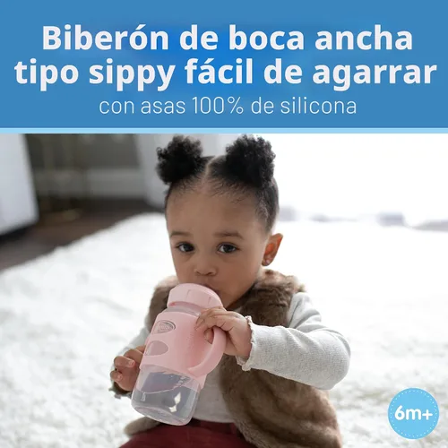 Vista 2 de Dr. Brown's Botella de transición de cuello ancho con asas de silicona de 9 oz/9.1 fl oz, rosa, paquete de 1