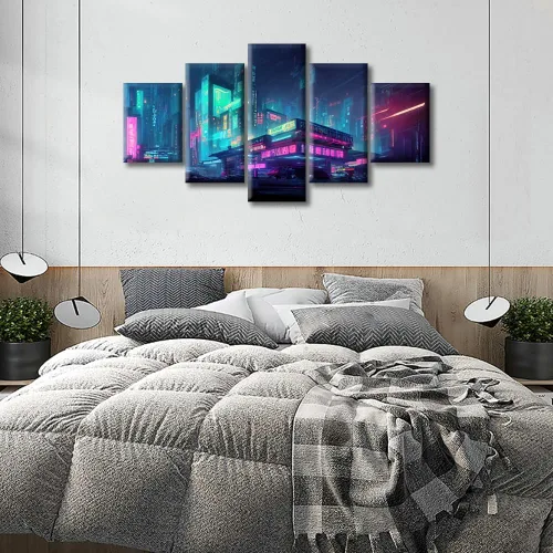 Vista 310 de Cuadros de 5 paneles de Cyberpunk City, arte de pared, representación de vallas publicitarias, edificios modernos en la capital con obras de arte