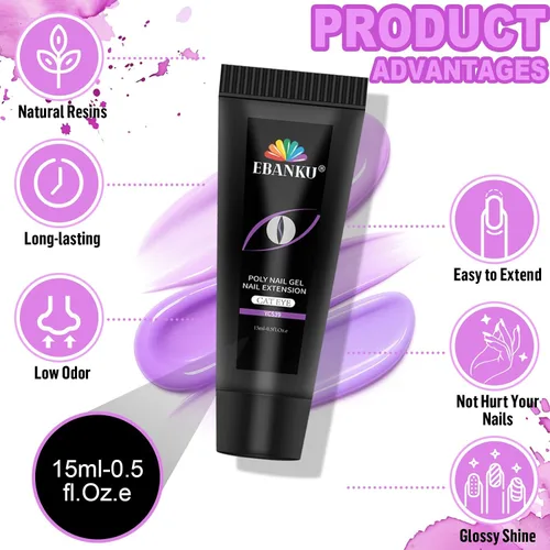 Vista 4 de Kit de uñas de gel de polietileno EBANKU ojo de gato, gel de extensión de 6 colores Kit profesional de mejora de uñas de gel magnético