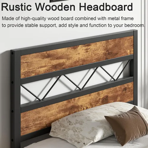 Vista 4 de VECELO Base de cama tamaño individual con cabecero, plataforma resistente con soporte de listones de metal, no necesita somier, fácil montaje, negro