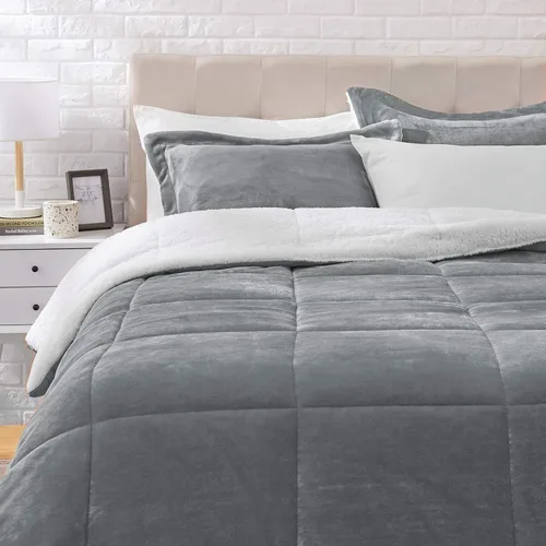 Vista 25 de Amazon Basics - Juego de ropa de cama de 3 piezas, Micromink Sherpa, ultrasuave, edredón cálido para todas las estaciones, tamaño Full/Queen, negro