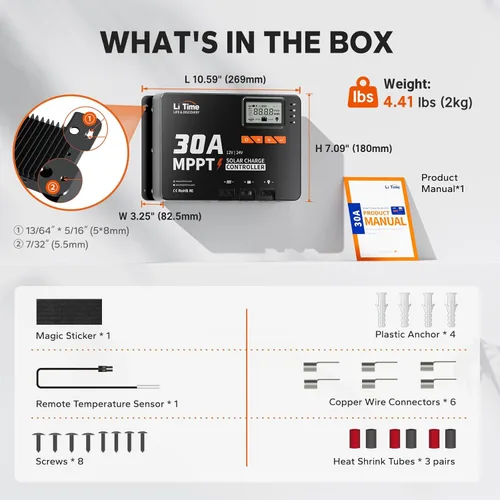 Vista 2 de LiTime 30 Amp MPPT 12V/24V/Auto CC de entrada controlador de carga solar, módulo Bluetooth incorporado, pantalla LCD con parámetros ajustables