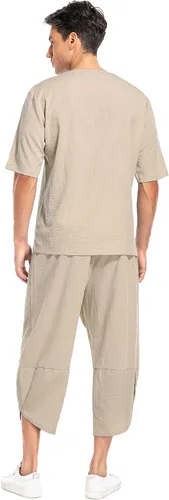 Vista 4 de Babioboa Conjunto de 2 piezas de lino para hombre, camisa hippie de manga corta y pantalones capri harén holgados para playa, pantalones de yoga