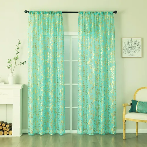 Vista 7 de Deeprove Cortinas traslúcidas color aguamarina y dorado de 63 pulgadas de largo, 2 paneles para decoración de dormitorio, cocina, decoración