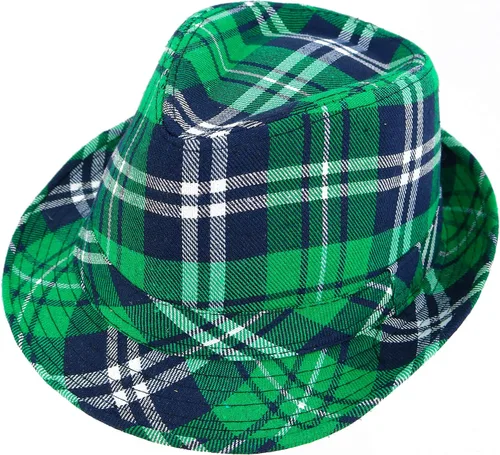 Vista 8 de Skeleteen Fedora verde a cuadros irlandeses, accesorios de disfraz del día de San Patricio, sombrero de duende para hombres, mujeres y niños