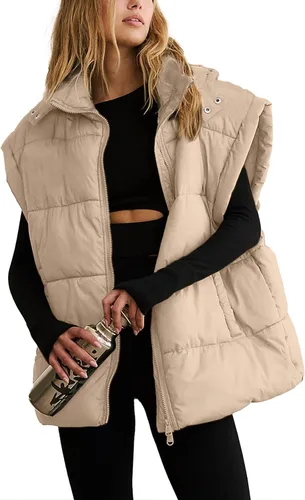 Vista 36 de Shiyifa Chaleco acolchado para mujer, chaqueta de gran tamaño, sin mangas, ligera, con cremallera, con capucha desmontable