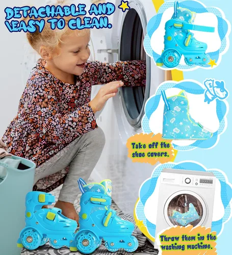 Vista 4 de Patines de ruedas ajustables para niños, niñas y señoras con ruedas que se iluminan con flash (edad 3-9), equilibrio de tres puntos, empaque de caja