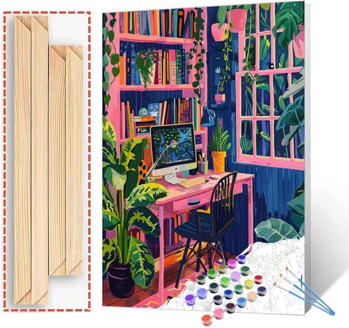 Vista 11 de Aihonmin Estantería 6 Pack Pintar por Números para Adultos Libros Pintura DIY sobre Lienzo con Pinceles Pigmento Manualidades DIY Pintura Acrílica