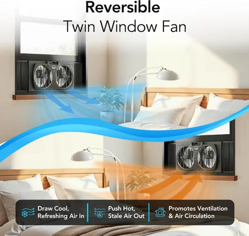 Vista 4 de Comfort Zone Ventilador de ventana para dormitorio, ventiladores duales de 9 pulgadas y 3 velocidades con expansores de bloqueo automático