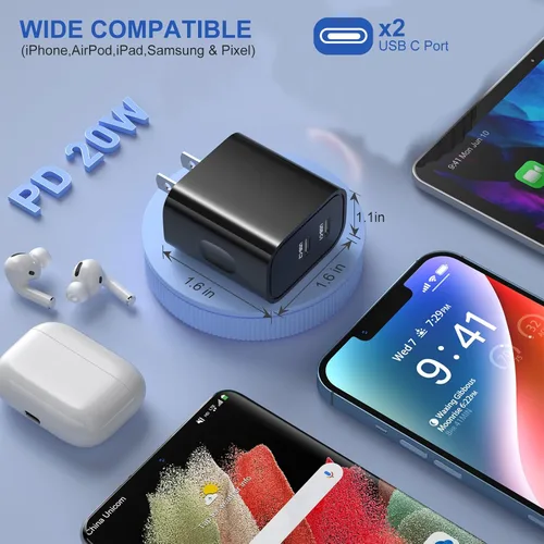Vista 3 de Costyle - Cargador de pared USB C [3 unidades], bloque de carga doble USB C de 20 W, enchufe de pared rápido C, bloque de carga tipo C para iPhone