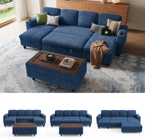 Vista 31 de LINSY HOME Sofá cama seccional con sofá cama extraíble para sala de estar (azul) Plush Corduroy