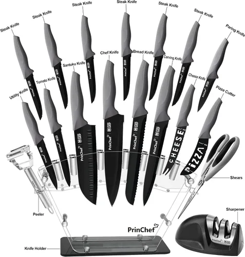 Vista 2 de PrinChef Juego de cuchillos, 19 cuchillos a prueba de óxido para cocina, con soporte acrílico, afilador, tijeras y pelador, juego de cuchillos