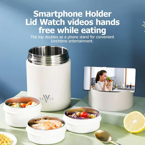 Vista 5 de Tarro de alimentos aislado de 60 onzas con tapa para sostener el teléfono – Lonchera de acero inoxidable con 3 compartimentos – Bento térmico a
