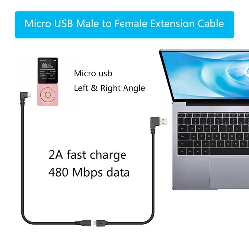Vista 4 de Cable de extensión micro USB corto de 9 pulgadas, 90 grados de ángulo izquierdo y recto micro USB macho a hembra de 5 pines de datos de carga