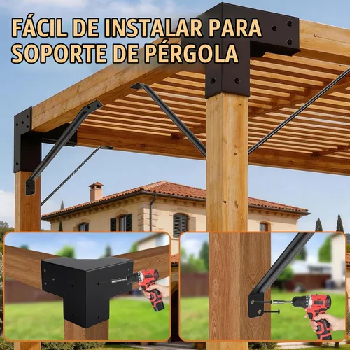 Vista 7 de 4 soportes de pérgola de 4 x 4 pulgadas (real: 3.6 x 3.6 pulgadas), soporte de esquina de ángulo recto de 3 vías, kit de pérgola de bricolaje con 8