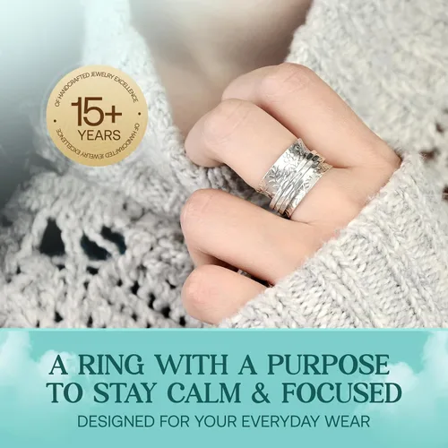 Vista 4 de Boho-Magic Anillo giratorio de plata esterlina para mujer, banda ancha, anillo de plata 925 con tres bandas giratorias suaves, estilo meditación