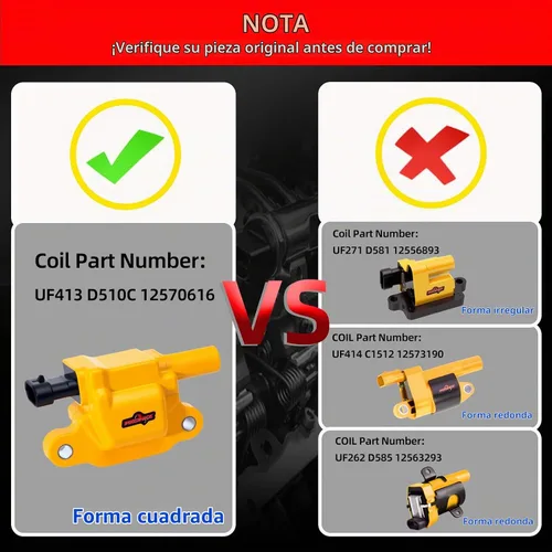 Vista 2 de Paquete de 8 bobinas de encendido cuadradas UF413 amarillas y juego
