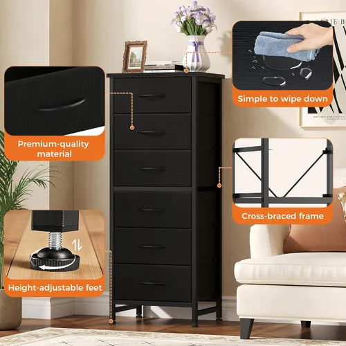 Vista 6 de Sweetcrispy Cómoda alta de tela para dormitorio, cómoda delgada de 6 cajones, torre de almacenamiento estrecha con parte superior de madera y marco