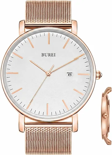 Vista 22 de BUREI Relojes de pulsera para hombre, relojes minimalistas de moda, analógicos de cuarzo, impermeables para hombres Banda negra negra