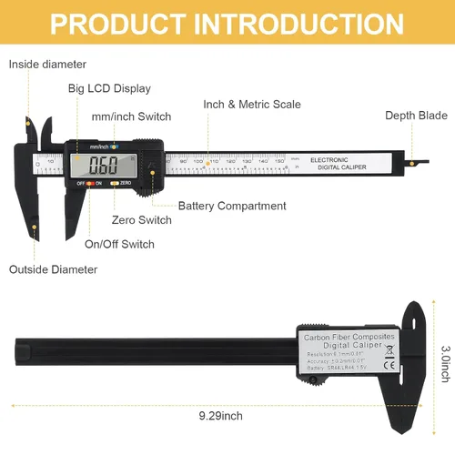 Vista 3 de Calibre digital, calibre Adoric de 0 a 6 pulgadas con pantalla LCD grande, función de apagado automático, herramienta de medición de conversión
